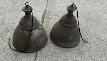 Two industrial enamel vintage lights measures 21 inches tall by 18 inches diameter
