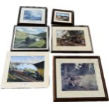 Selection of framed / unframed prints, mainly trains, Largest measures Height 19 inches, width 23