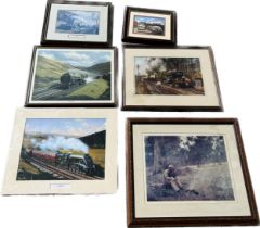 Selection of framed / unframed prints, mainly trains, Largest measures Height 19 inches, width 23
