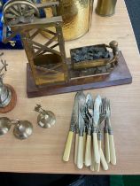 Selection of assorted metal ware includes brass bells, cutlery etc
