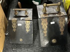 Two vintage brass bound coal boxes with skuttles largest measures approx 17 inches tall