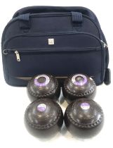 Set of vintage four bowls and a bag ' Leicester Banks Bowls Club'