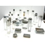 Large selection of vintage and later glass bottles includes scent, pepper etc