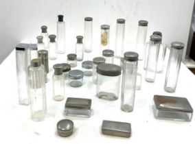 Large selection of vintage and later glass bottles includes scent, pepper etc