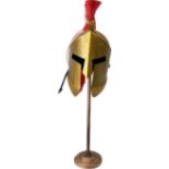 Re-enactment Spartan helmet with display stand, approximate measurements of helmet Height 16 inches,