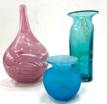 3 Pieces of art glass includes heavy glass vase etc, height approximately 10 inches