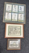Three vintage framed cricket prints largest measures approx 25 inches tall by 26 inches wide