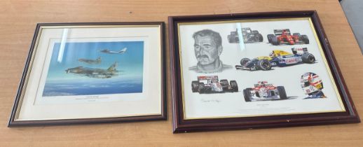 Two framed prints one ' Tribute to Nigel Mansell by Stuart Mclntyre' and a ' Cold war intercept by