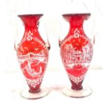 Pair of small Venetian red glass vases hand painted height approx 18 cm