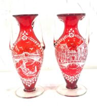 Pair of small Venetian red glass vases hand painted height approx 18 cm