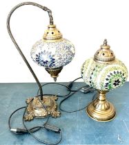 Moroccan style table lamps, matching shades, in need of re-wiring, tallest measures approximately 16