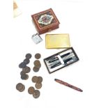 Selection of collectable items includes fountain pen, cross pens, coins, Ronson lighter etc