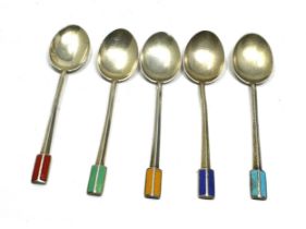 5 Vintage silver & enamel tea spoons