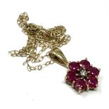 9ct Gold Diamond & Synthetic Ruby Pendant Necklace (1.2g)