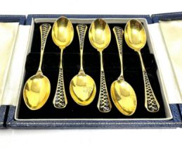 Boxed silver & enamel gold gilt coffee spoons