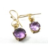 9ct Gold Amethyst & Cultured Pearl Drop Earrings (3.6g)