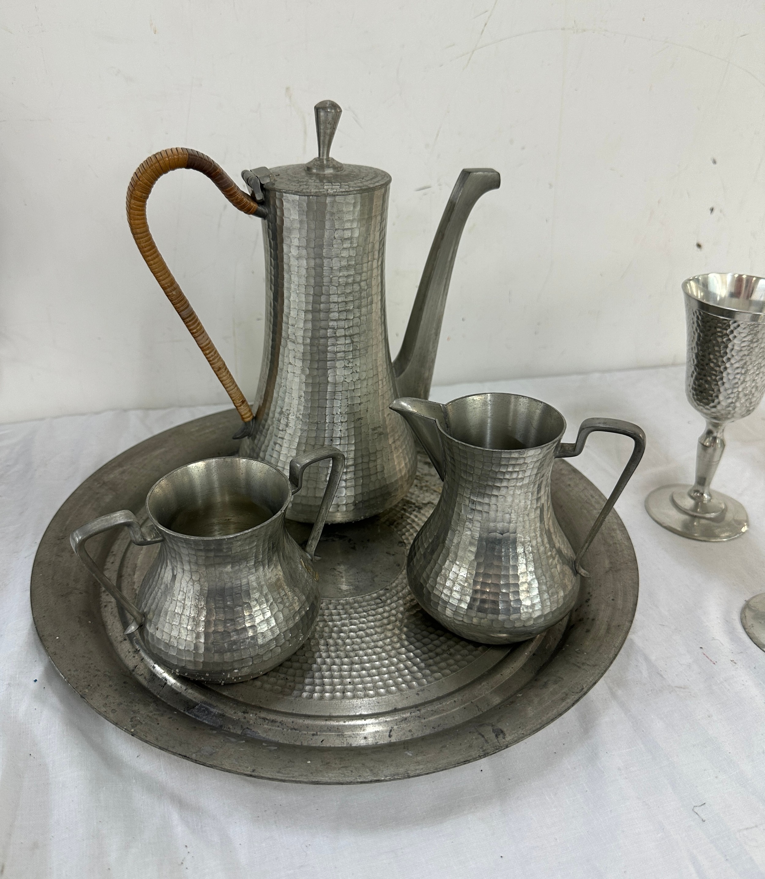 Selangor pewter coffee set, comprising tray, coffee pot, creamer and sugar pot, together with 6 - Image 3 of 6