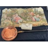 Selection of vintage items to include a copper bed warming pan, hot water bottle, embroidered wall