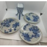 3 Chinese pottery plates and a vase, no marks to base