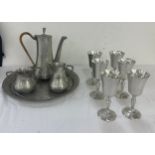 Selangor pewter coffee set, comprising tray, coffee pot, creamer and sugar pot, together with 6