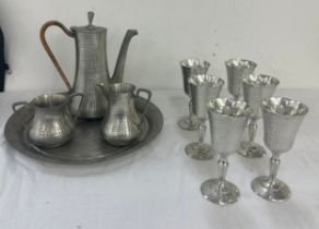 Selangor pewter coffee set, comprising tray, coffee pot, creamer and sugar pot, together with 6