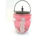 Victorian Cranberry etched glass biscuit barrel mary gregory style height 8 inches