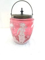 Victorian Cranberry etched glass biscuit barrel mary gregory style height 8 inches