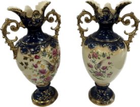 Pair of victorian hand painted handled vases measures approx 17.5 inches tall