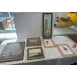 Selection of vintage framed paintings, prints and an embroidery some signed largest measures