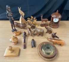 Selection of vintage wooden items to include animal figures, clock, windmill pipe etc