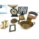 Selection of vintage metal ware to include scales, wall medals, tea caddy etc