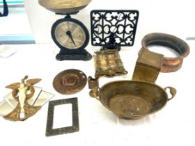 Selection of vintage metal ware to include scales, wall medals, tea caddy etc