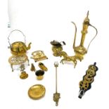 Selection of brass ware includes dallah, kettle and stand etc