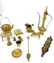 Selection of brass ware includes dallah, kettle and stand etc