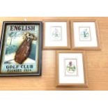 Four framed golfing pictures largest measures approx 21.5 inches tall by 15.5 inches wide