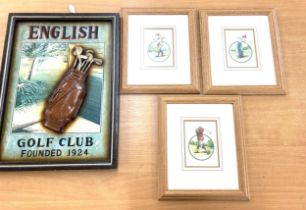 Four framed golfing pictures largest measures approx 21.5 inches tall by 15.5 inches wide