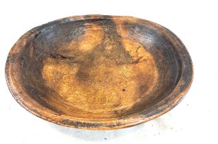 Vintage wooden bowl, marks to base, 14 inches diameter 3 inches tall