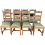 Set 8 oak slat back chairs, upholstered seats