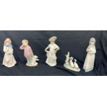 Selection of five Nao figures includes boy with teddy, girl with doll, geese etc