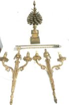 Pair vintage brass wall lights, Acorn decorative ornament, fire poker