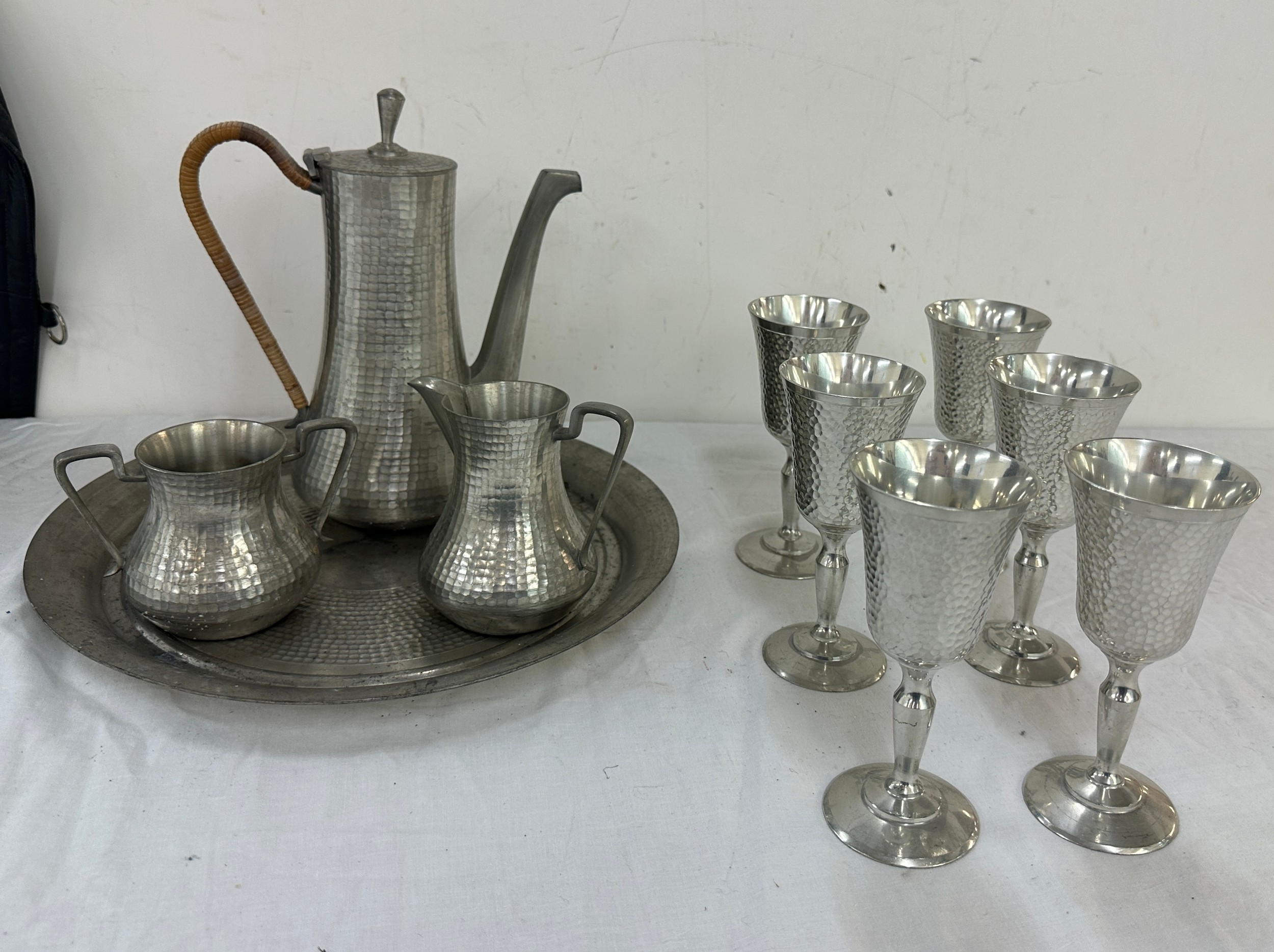 Selangor pewter coffee set, comprising tray, coffee pot, creamer and sugar pot, together with 6 - Image 2 of 6