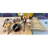 Large selection of vintage musical wooden instruments to include banjos, maracas, rattlers etc