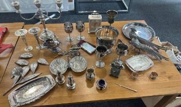 Selection of silver plated items to include a candle harbourer, novelty items, trays, candle