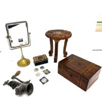Selection of collectable items includes inlaid wooden stools, mirror, mincer etc