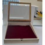 Wooden and glass table top display unit, no key, approximate measurements: Height 9 inches, Width 28