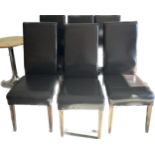 Set 6 brown leather dining chairs, damage to one learher seat as seen in image