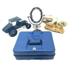 Selection of vintage metal items to include scales, till and a kart model