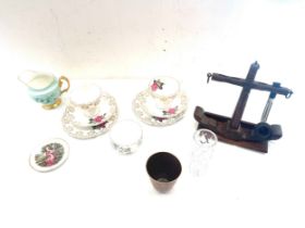 Selection of collectables includes pipe stand, tea cups etc