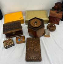 Selection of vintage boxes to include a teak tea caddy and a cigarette box and jewellery boxes