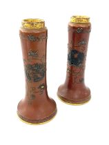 Fine pair of antique Japanese Meiji period bronze vases with inlay and onlay, signatures to base,